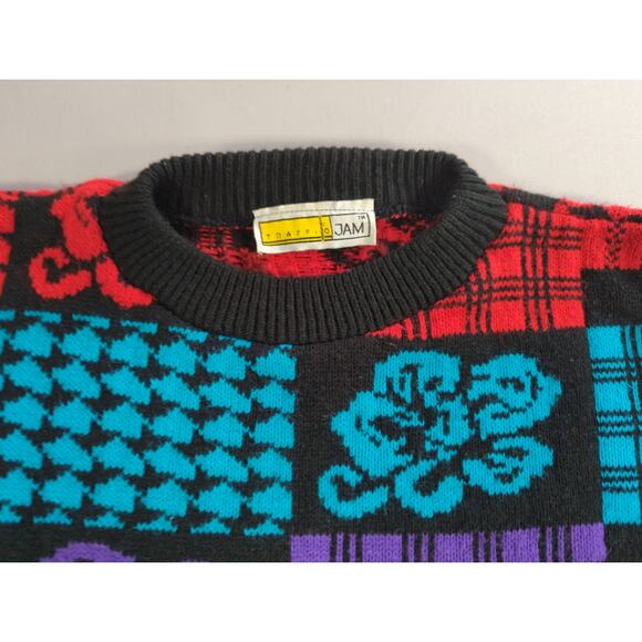 VTG Traffic Jam Sweater L Multicolor Patchwork Floral Geometric Knit 90s - Picture 5 of 8
